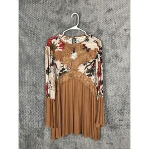 Umgee Floral Bell Sleeve Brown Lace Keyhole Boho Tunic Dress Large